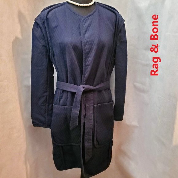 Rag & Bone Quilted Rope Accent Navy Blue Cotton Wrap Long Sleeved Coat - Picture 9 of 16
